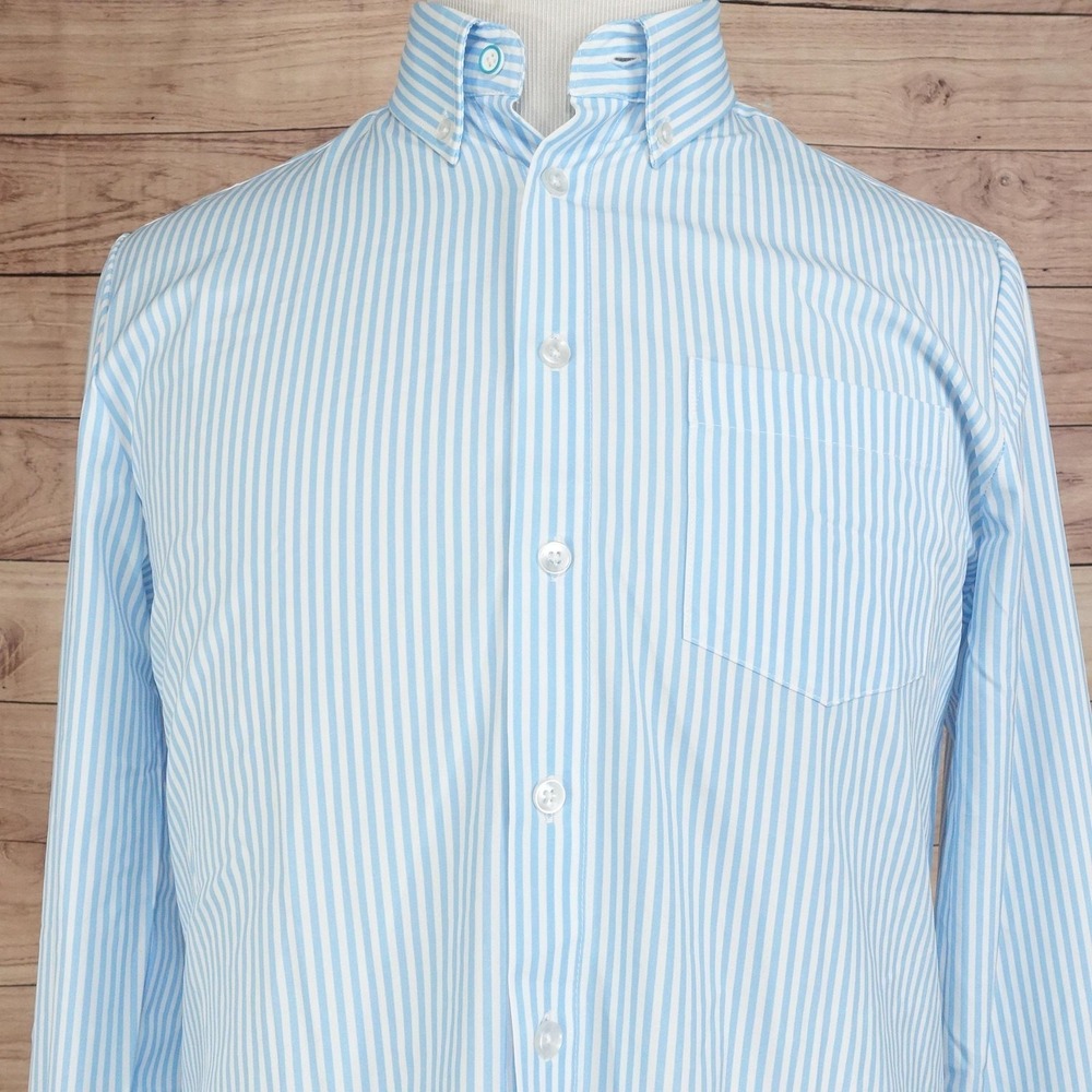 &Collar Shirt Mens M Blue Stripe Long Sleeve Button-Up Slim Fit Stretch Dress